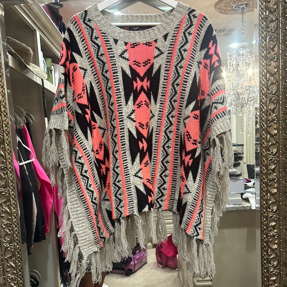 Soho Apparel Vibrant Patterned Fringe Poncho - Black and Pink